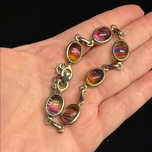 VTG 50s Sarah Coventry “Harmony” gold tone rainbow glass cabochon bracelet